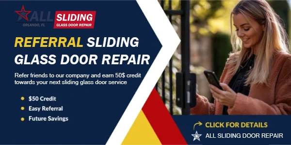 A woman in a brown coat smiles while using her phone, next to text promoting a local Orlando sliding glass door repair company offer. Logo and "Click for details" included.