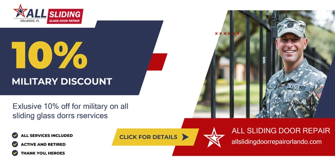 Flyer for "All Sliding Glass Door Repair" in Orlando, FL, offering a 10% military discount. The left side features the offer details, and the right side shows a smiling military personnel in uniform. The website and services information are provided at the bottom.