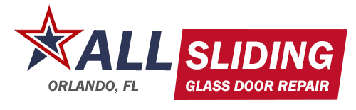 Logo for local company All Sliding Glass Door Repair, featuring a stylized red and blue star on the left, the word "ALL" in blue, and "SLIDING GLASS DOOR REPAIR" in white on a red background on the right. "Orlando, FL" appears in green below "ALL".